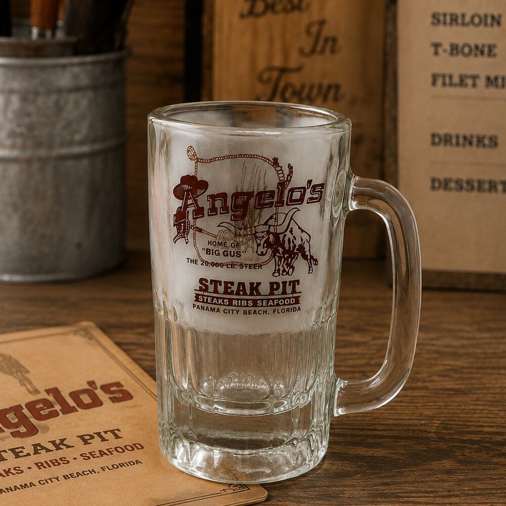 🍺🥩Retro Big Gus Beer Mug Angelos Steak Pit Stein Florida Souvenir Bar Glass